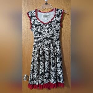 Effie's Heart Black and White Floral Dress with Burgundy Trim